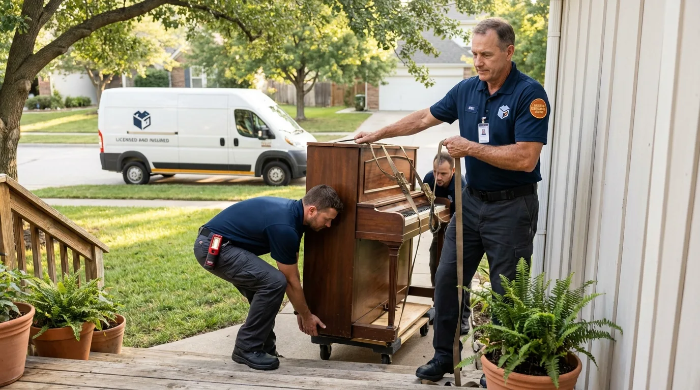 Licensed piano movers securing grand piano in Clarkesville, GA