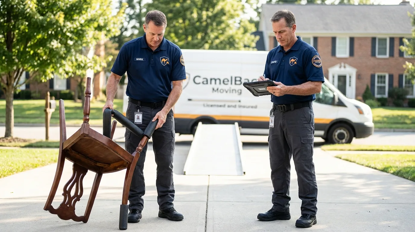 Movers inspecting furniture for damage prevention before loading in Clarkesville, GA