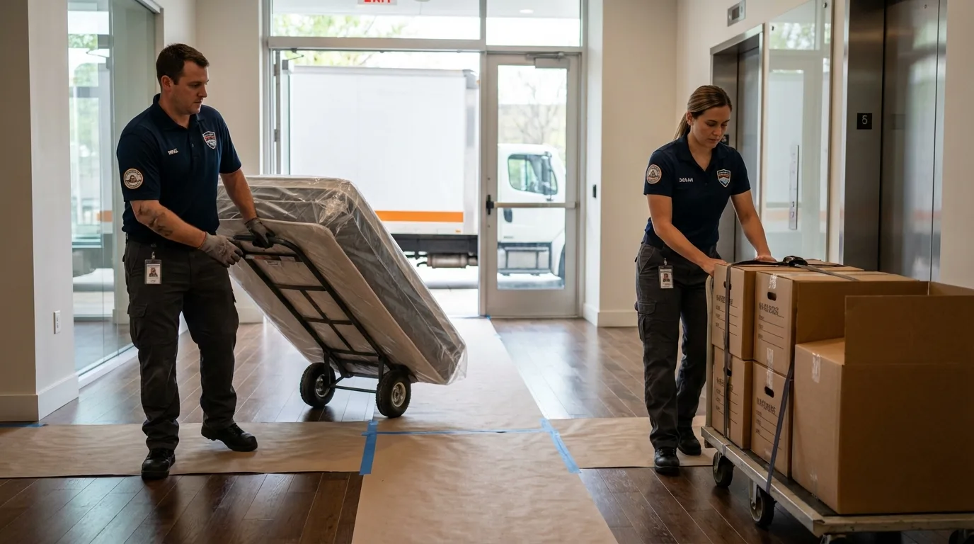 Professional apartment movers loading elevator in Clarkesville, GA