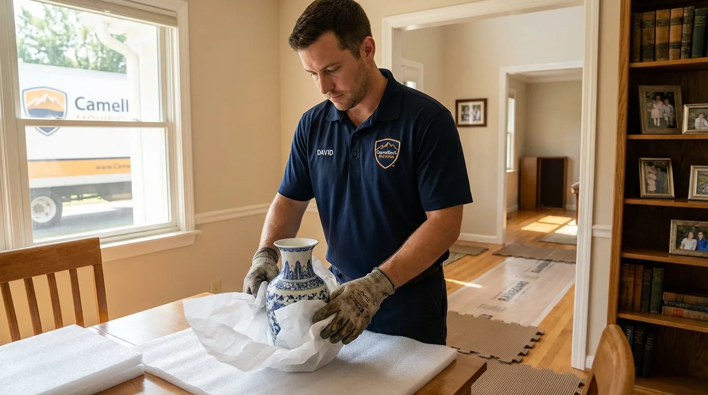 Professional crew carefully wrapping antique vase for senior downsizing move in Clarkesville, GA